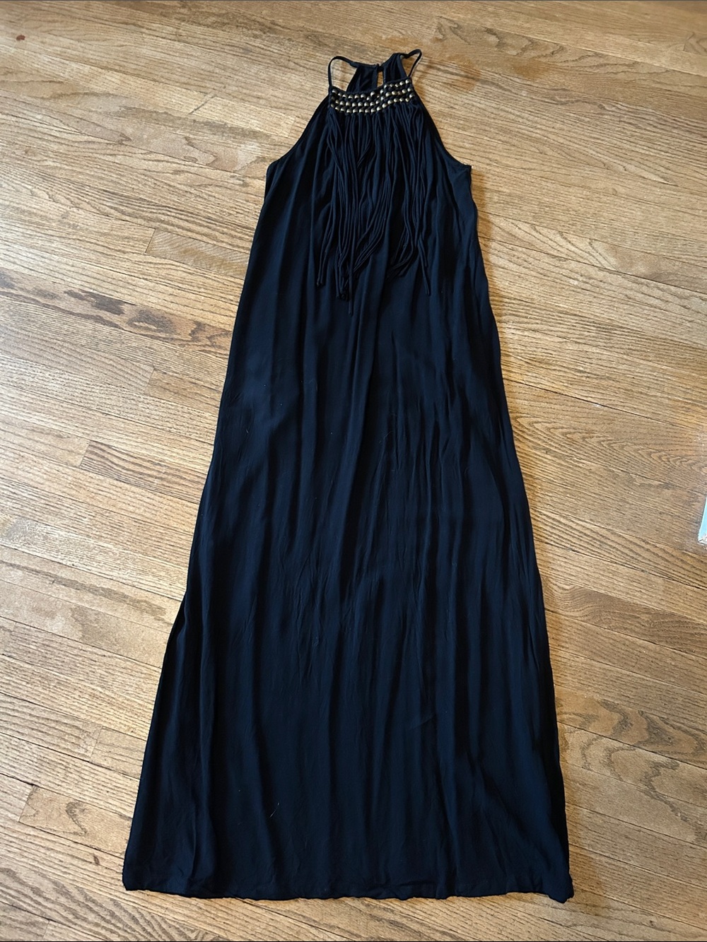 Black Fringe Halter Maxi Dress with Beaded Neckline and Pockets - Picture 3 of 6